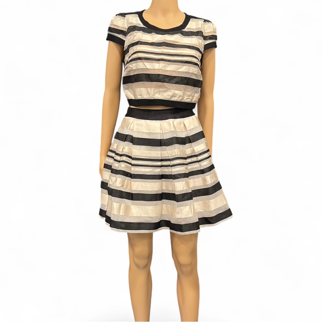 Bebe Black And Cream Striped Skirt Set